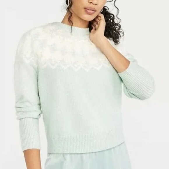 Ann Taylor Mint Green Fair Isle Knit Mock Neck Sweater Cream Winter Wool Small - Picture 10 of 10